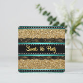 ティール(緑がかった色)ブルーと金ゴールドスウィート16バースデーパーティー 招待状 (スタンド正面)