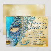 ティール（緑がかった色）ブルーと金ゴールドスウィート16マスカレードパーティー 招待状 (正面/裏面)