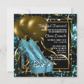 ティール(緑がかった色)ブルーと金ゴールドヒョウ誕生日パーティー 招待状 (正面)