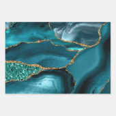 ティール(緑がかった色)ブルーと金ゴールドフェイクグリッターアゲート ラッピングペーパーシート (正面3)