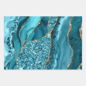 ティール(緑がかった色)ブルーと金ゴールドフェイクグリッターアゲート ラッピングペーパーシート (正面)