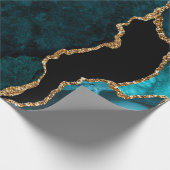 ティール(緑がかった色)ブルーと金ゴールドフェイクグリッターアゲート ラッピングペーパー (角)