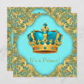 ティール（緑がかった色）ブルーと金ゴールドプリンスベビーシャワー 招待状 (正面/裏面)