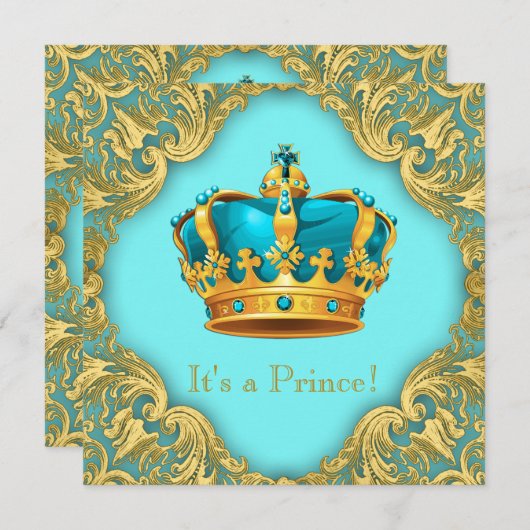 ティール(緑がかった色)ブルーと金ゴールドプリンスベビーシャワー 招待状 (正面/裏面)