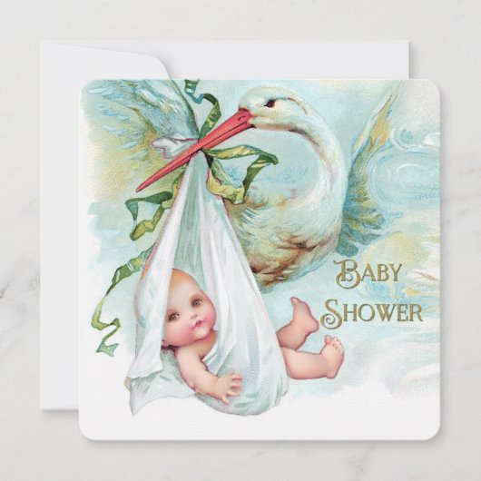 ティール（緑がかった色）ブルーと金ゴールドベビーシャワー 招待状 (正面)