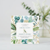 ティール（緑がかった色）ブルーと金ゴールドボタニカルスクエア結婚ズ 招待状 (スタンド正面)