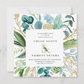 ティール（緑がかった色）ブルーと金ゴールドボタニカルスクエア結婚ズ 招待状 (正面)