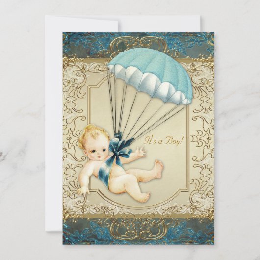 ティール(緑がかった色)ブルーと金ゴールドボーイズヴィンテージ赤ちゃんシャワー 招待状 (正面)