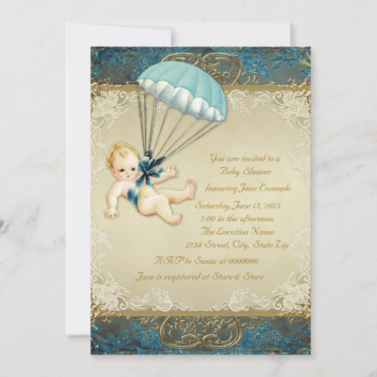 ティール（緑がかった色）ブルーと金ゴールドボーイズヴィンテージ赤ちゃんシャワー 招待状 (裏面)