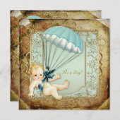 ティール(緑がかった色)ブルーと金ゴールドボーイズヴィンテージ赤ちゃんシャワー 招待状 (正面/裏面)