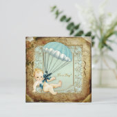 ティール(緑がかった色)ブルーと金ゴールドボーイズヴィンテージ赤ちゃんシャワー 招待状 (スタンド正面)