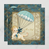 ティール（緑がかった色）ブルーと金ゴールドボーイズ赤ちゃんシャワー 招待状 (正面/裏面)