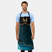 ティール(緑がかった色)ブルーと金ゴールドマーブルゲート エプロン (着用した状態)