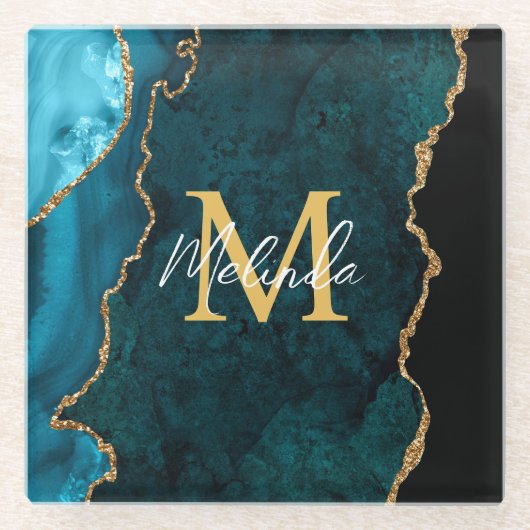 ティール（緑がかった色）ブルーと金ゴールドマーブルゲート ガラスコースター (正面)