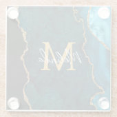 ティール（緑がかった色）ブルーと金ゴールドマーブルゲート ガラスコースター (裏面)