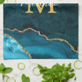 ティール(緑がかった色)ブルーと金ゴールドマーブルゲート キッチンタオル (折り畳み)