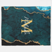 ティール(緑がかった色)ブルーと金ゴールドマーブルゲート フリースブランケット (正面(横))