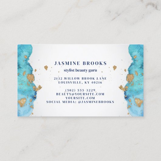 ティール（緑がかった色）ブルーと金ゴールドラグジュアリーウォーター色 名刺 (裏面)