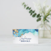 ティール(緑がかった色)ブルーと金ゴールドラグジュアリーウォーター色 名刺 (スタンド正面)