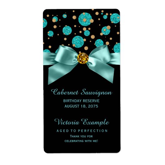 ティール(緑がかった色)ブルーと金ゴールドワインのボトルラベル ラベル (正面)