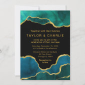 ティール(緑がかった色)ブルーと金ゴールド絵を描アガテ結婚ートの出現 招待状 (正面)