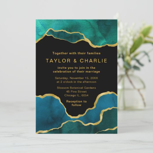 ティール(緑がかった色)ブルーと金ゴールド絵を描アガテ結婚ートの出現 招待状 (スタンド正面)