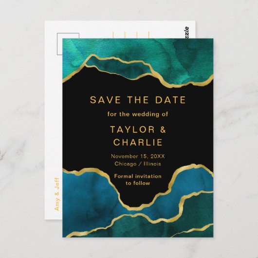 ティール（緑がかった色）ブルーと金ゴールド絵を描アゲート日付位置の保存 ポストカード (正面/裏面)