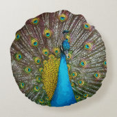 ティール(緑がかった色)ブルーと金ゴールド羽毛のリーガルピーコック ラウンドクッション (裏面)