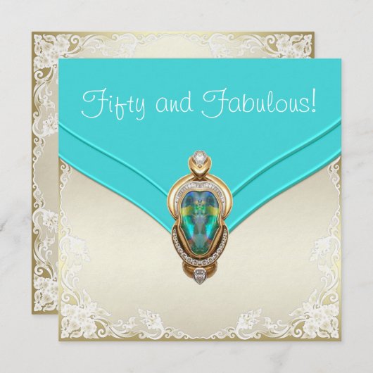 ティール（緑がかった色）ブルーと金ゴールド誕生日パーティー 招待状 (正面/裏面)