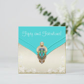 ティール（緑がかった色）ブルーと金ゴールド誕生日パーティー 招待状 (スタンド正面)