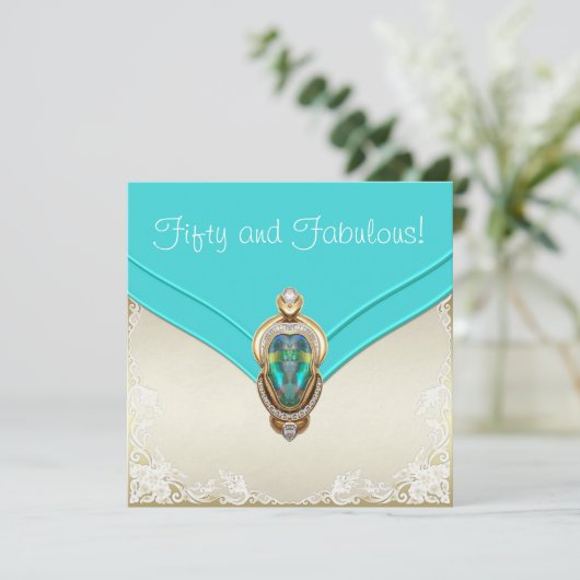 ティール(緑がかった色)ブルーと金ゴールド誕生日パーティー 招待状 (スタンド正面)