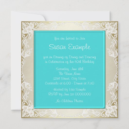 ティール（緑がかった色）ブルーと金ゴールド誕生日パーティー 招待状 (裏面)
