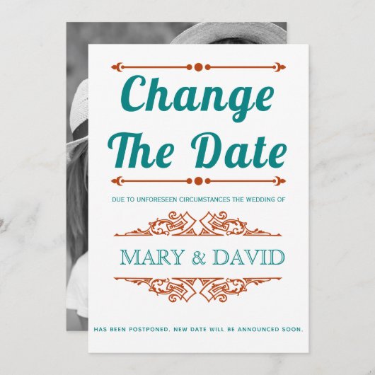 ティール(緑がかった色)ブルーと錆び日付発表の変更 セーブザデート (正面/裏面)