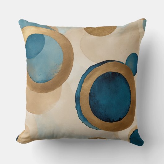 ティール(緑がかった色)ブルーの銅とベージュの円 クッション (正面)