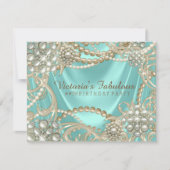 ティール(緑がかった色)ブルーアイボリーパールバースデーパーティー 招待状 (正面)