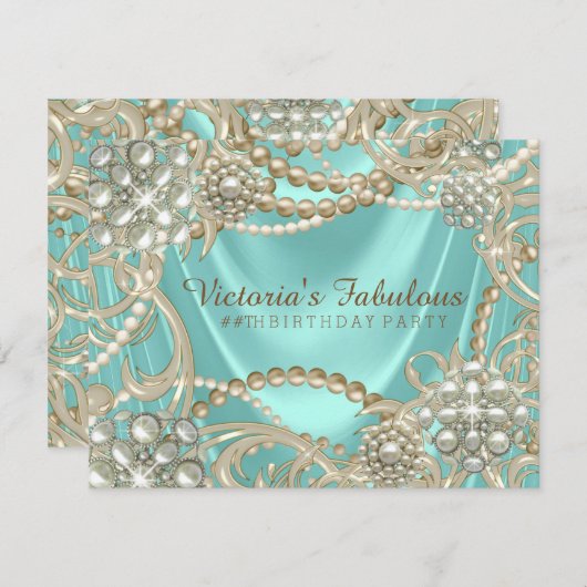 ティール(緑がかった色)ブルーアイボリーパールバースデーパーティー 招待状 (正面/裏面)