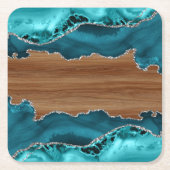 ティール(緑がかった色)ブルーアガテストーンシルバーチーク材ルック スクエアペーパーコースター (正面)