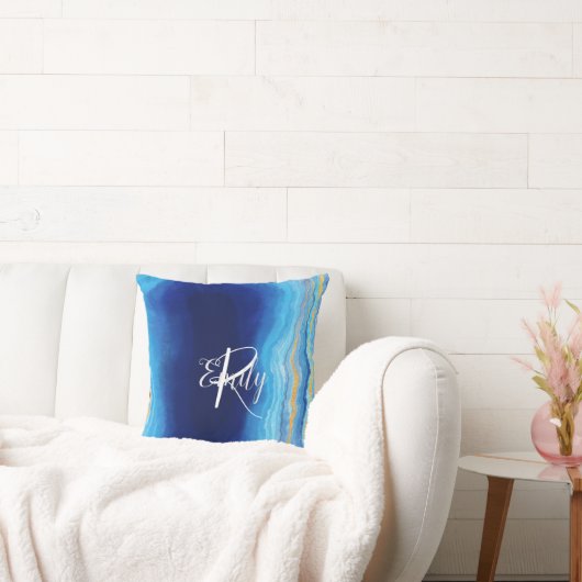 ティール(緑がかった色)&ブルーアガテマーブル抽象芸術ネームモノグラム クッション (ソファ)