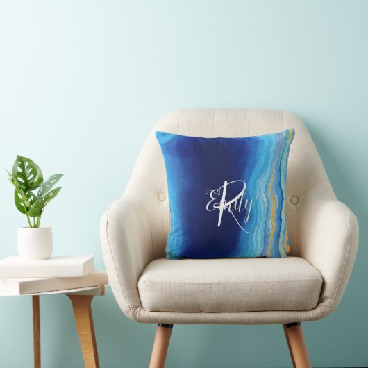 ティール(緑がかった色)&ブルーアガテマーブル抽象芸術ネームモノグラム クッション (椅子)