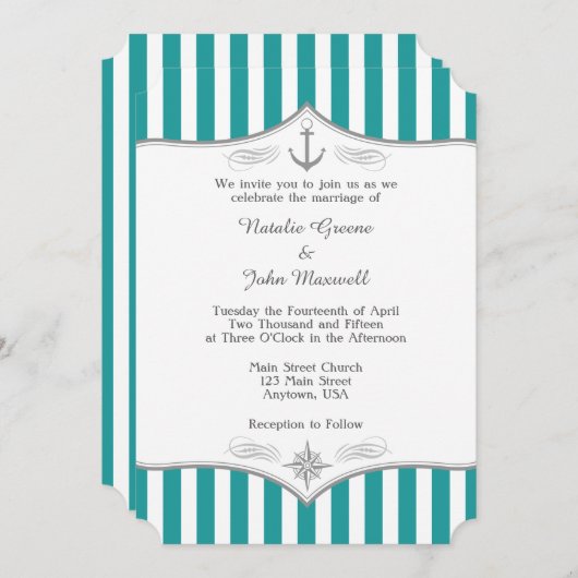 ティール(緑がかった色)ブルーアクアグレイ航海の結婚式招待状 招待状 (正面/裏面)