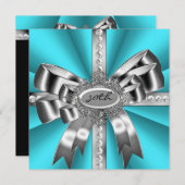 ティール（緑がかった色）ブルーアクアシルバーボウ30白黒宝石 招待状 (正面/裏面)