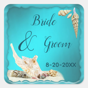 ティール(緑がかった色)ブルーアクアターコイズシーセルビーチ結婚式 スクエアシール