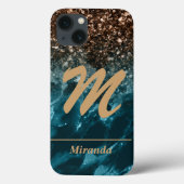 ティール(緑がかった色)ブルーアゲートグリッターモノグラムパーソナライズされた Case-Mate iPhoneケース (裏面)