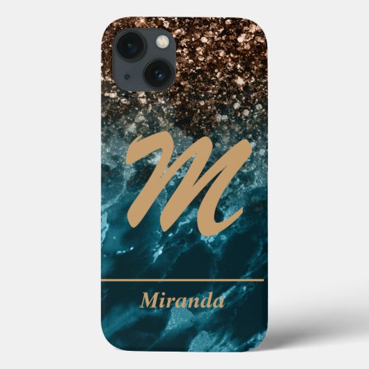 ティール(緑がかった色)ブルーアゲートグリッターモノグラムパーソナライズされた Case-Mate iPhoneケース (裏面)
