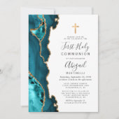 ティール(緑がかった色)ブルーアゲート金ゴールドグリッターファーストホーリーコミュニオン 招待状 (正面)
