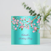 ティール（緑がかった色）ブルーアジアフローラ誕生会 招待状 (スタンド正面)