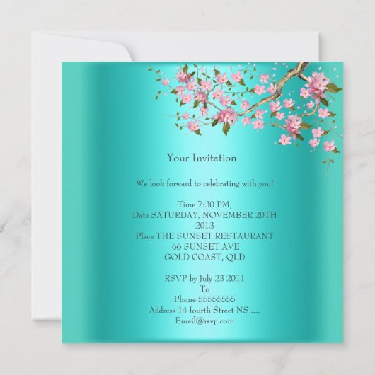 ティール（緑がかった色）ブルーアジアフローラ誕生会 招待状 (裏面)