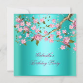 ティール（緑がかった色）ブルーアジアフローラ誕生会 招待状 (正面)