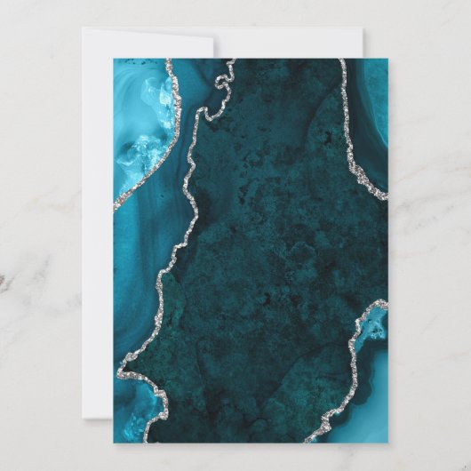 ティール(緑がかった色)ブルーアンドシルバーアガテマーブル婚約パーティ 招待状 (裏面)