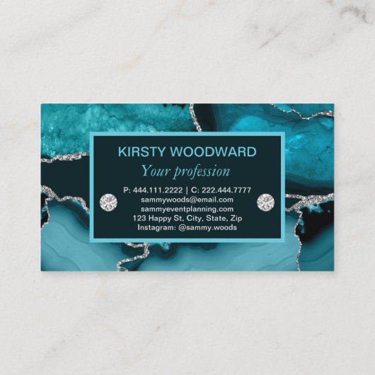 ティール（緑がかった色）ブルーアンドシルバーグリッターアゲート 名刺 (裏面)